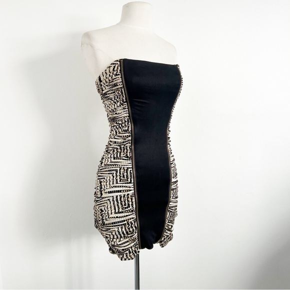 Y2K Vintage Bebe Addiction Gold Strapless Clubbing Micro Mini Dress Size XS - Picture 1 of 10
